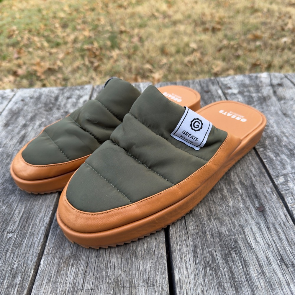 Greats Brooklyn Foster Mens 9 Olive‎ Green Puffer Quilted Leather Mule Slippers